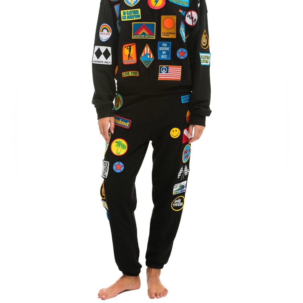 Aviator Nation Black Joggers with Multicolor Patches